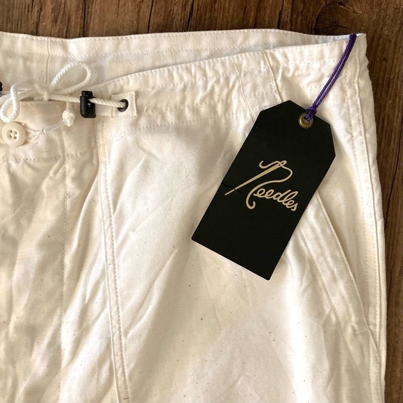 NEEDLES Wide Leg Fatigue Pants Drawstring Cotton Canvas Ivory Japan - Picture 4 of 13